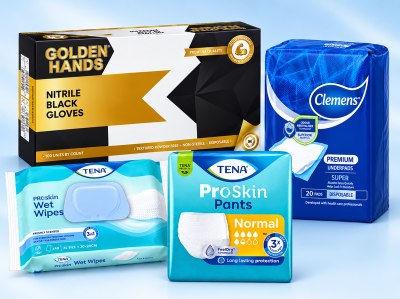Daily Incontinence Care Bundle – TENA Pants, Clemens Linen Savers, Wet Wipes & Black Nitrile Gloves
