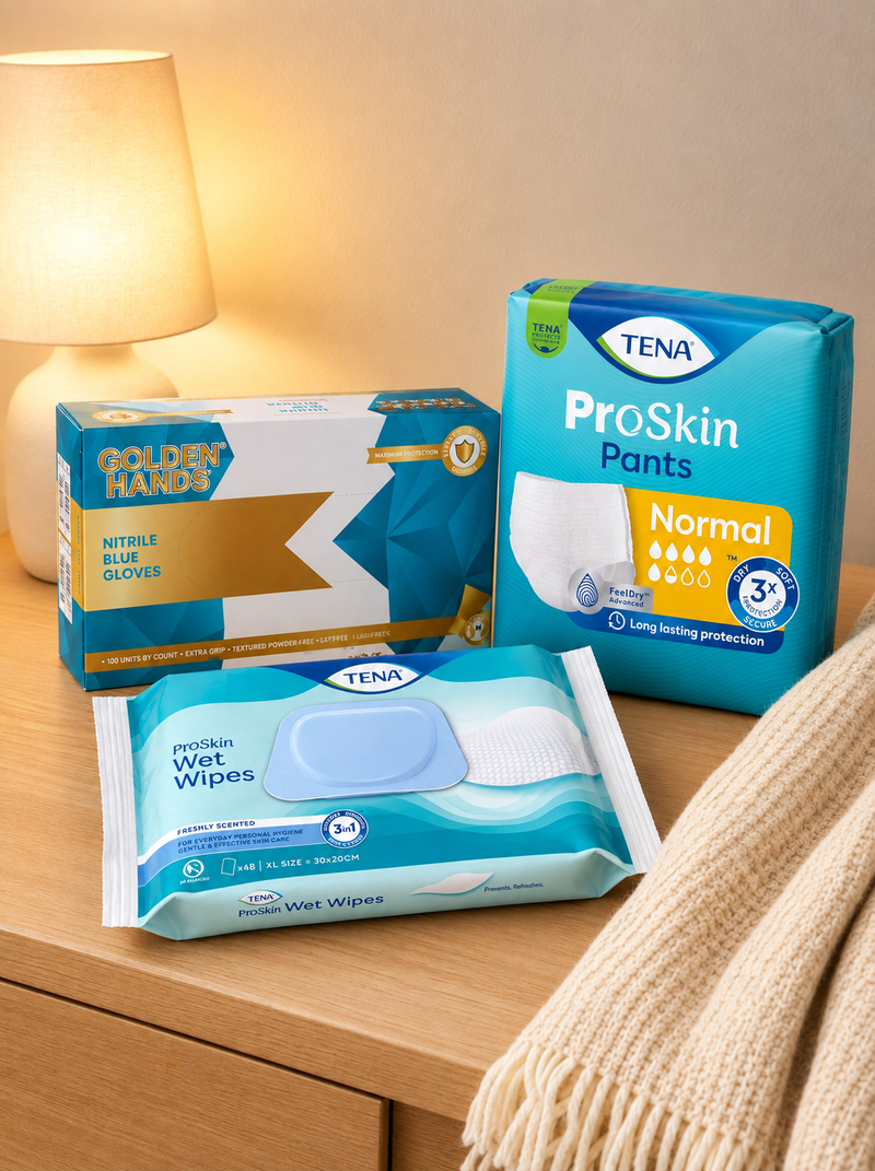 DAATS Essential Care Bundle – TENA ProSkin Pants, Wet Wipes & Golden Hands Nitrile Gloves | Adult Incontinence Care Pack