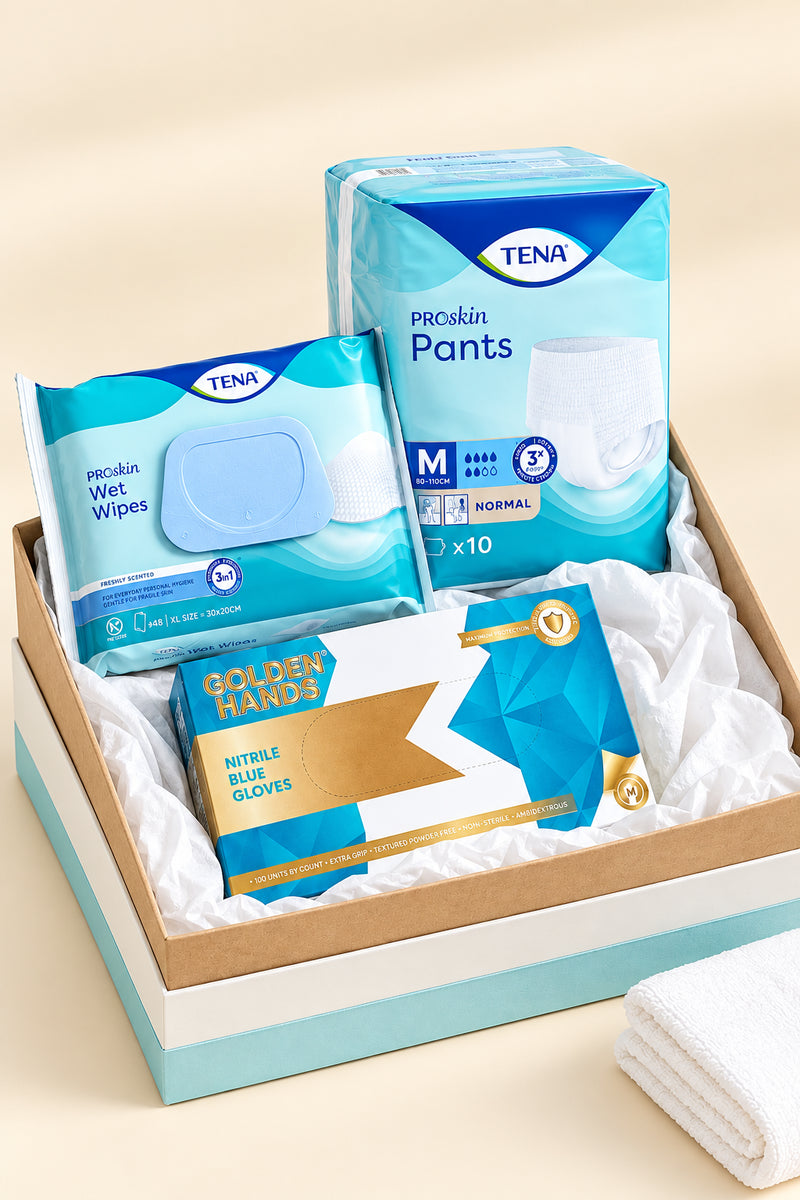 DAATS Essential Care Bundle – TENA ProSkin Pants, Wet Wipes & Golden Hands Nitrile Gloves | Adult Incontinence Care Pack
