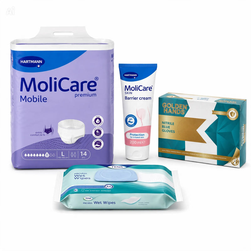 DAATS MoliCare Essential Care Bundle – Adult Pants, Wet Wipes, Golden Hands Blue Nitrile Powder Free Gloves & Barrier Cream