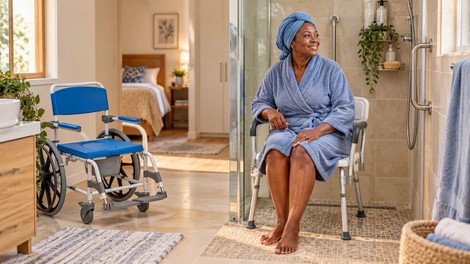 Woman seated on a shower chair in an accessible bathroom beside a shower commode chair.