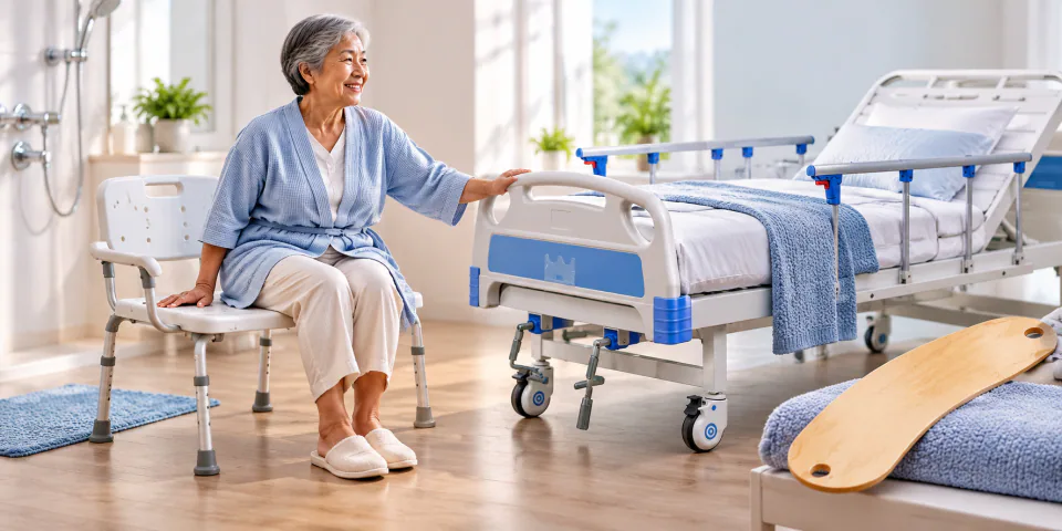 Older adult beside a shower chair and adjustable home-care bed.