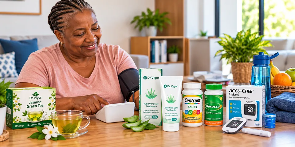 Older woman checking her blood pressure at home beside wellness products, green tea and a glucose meter.