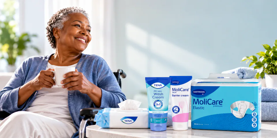 Older woman relaxing at home beside incontinence and skin-care products.