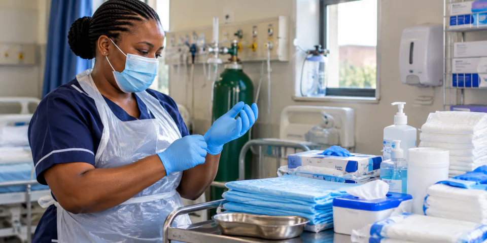 Healthcare worker preparing gloves and medical supplies in a South African healthcare facility.