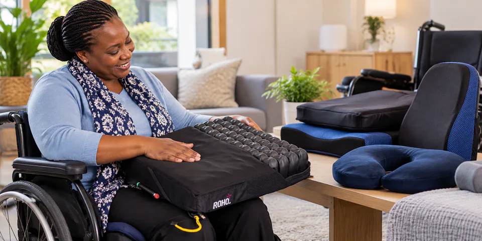 Wheelchair user checking an air-cell pressure cushion, with positioning cushions on a table.