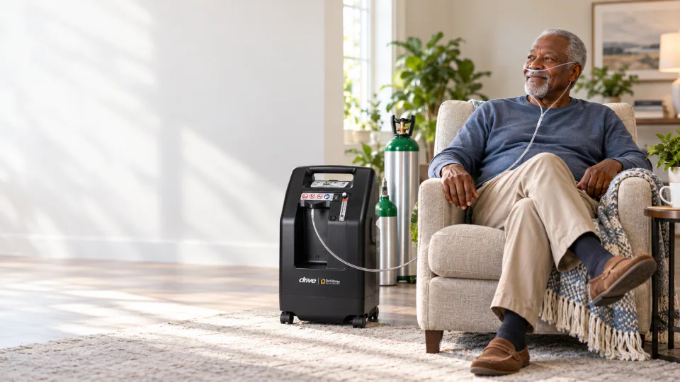 Older man using home oxygen equipment while relaxing in a chair.
