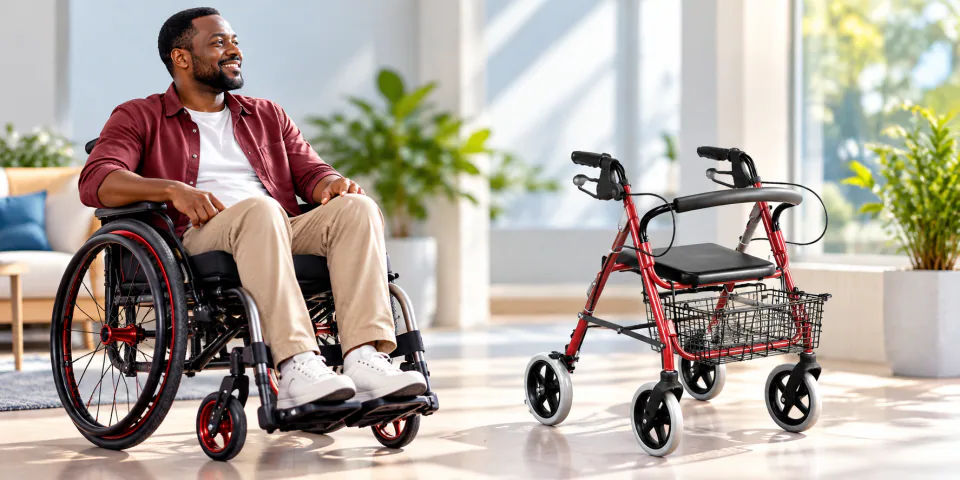 Wheelchair user beside a red rollator in a bright home.